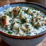 A spoon lifting a rich, velvety broth from a pot of Garlic Parmesan Chicken Soup, revealing tender chicken pieces and wilted spinach.