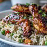 One-Pan Bold Honey BBQ Chicken Rice is plated next to a crisp green salad for a complete family dinner.
