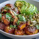 Roasted sweet potato cubes, creamy avocado, and cottage cheese in a vibrant Hot Honey Sweet Potato Bowl, drizzled with spicy-sweet sauce.