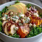 A close-up view of the Fall Sweet Potato Harvest Bowl shows toasted almonds scattered over vibrant greens, sliced apples, and tender chicken, ready for a drizzle of balsamic vinaigrette.  
