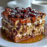 Golden-brown capirotada mexicana layered with toasted bread, piloncillo syrup, nuts, and raisins, perfect for Lent or holidays.