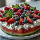 Festive 4th of July Watermelon Pizza topped with creamy swirls and fresh berries.