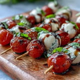 Mini Caprese Skewers offer vibrant cherry tomatoes, mozzarella, basil, and balsamic glaze.