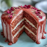 Elegant bridal shower Rosé Velvet Cake with shimmering gold drip.