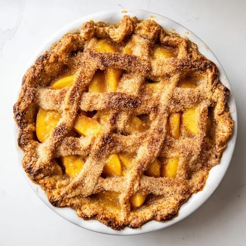 Golden Peach Pie bubbling with juicy peaches, a classic summer dessert, served warm.