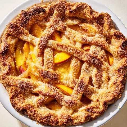 A perfect slice of Peach Pie, showcasing a flaky, golden crust and sweet peach filling.