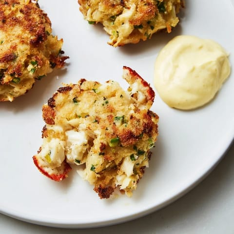 Close-up of flaky crab cakes showcasing fresh herbs and breadcrumbs with a bright, flavorful sauce.
