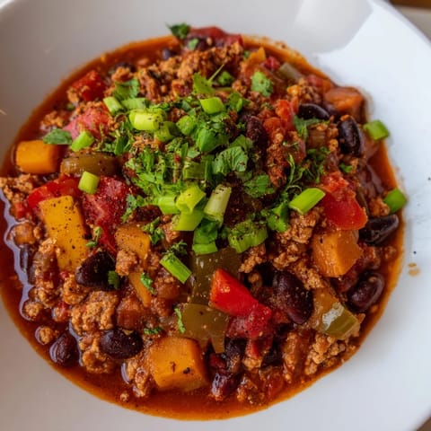 Delicious, hearty turkey chili bubbling in a pot, ready with spices and flavor for dinner.