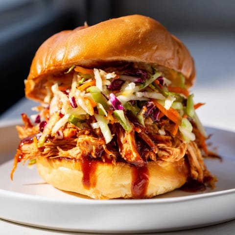 Pulled Chicken Sandwich piled high with tangy barbecue chicken and creamy slaw.