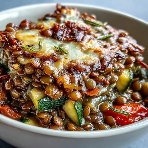 A close-up of a golden-topped Green Lentil and Vegetable Casserole, featuring hearty lentils, vibrant red bell peppers, and fresh parsley garnish.
