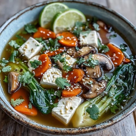 Steaming bowls of Tofu and Vegetable Soup reveal colorful carrots and shiitake mushrooms in a clear broth.