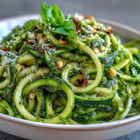 Zucchini noodles sautéed briefly until tender-crisp, generously coated in fragrant homemade pesto and garnished with fresh basil leaves.