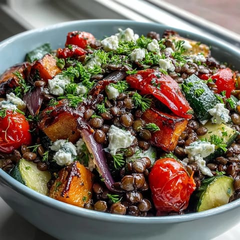 Healthy vegetarian Black Lentil Salad with roasted vegetables and lemon dressing, served in a rustic white bowl for a nourishing lunch.