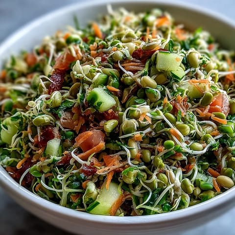 Freshly rinsed sprouts and crisp vegetables tossed in a light lemon dressing, showcasing a vibrant Sprouted Seed Salad.