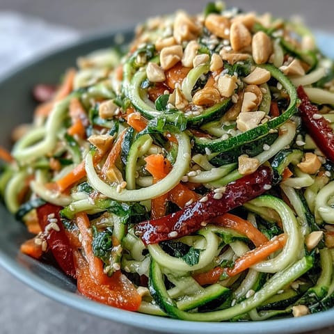 Colorful spiralized vegetables like red cabbage and cucumber in Raw Vegetable Noodle Salad, garnished with fresh cilantro and sesame seeds.