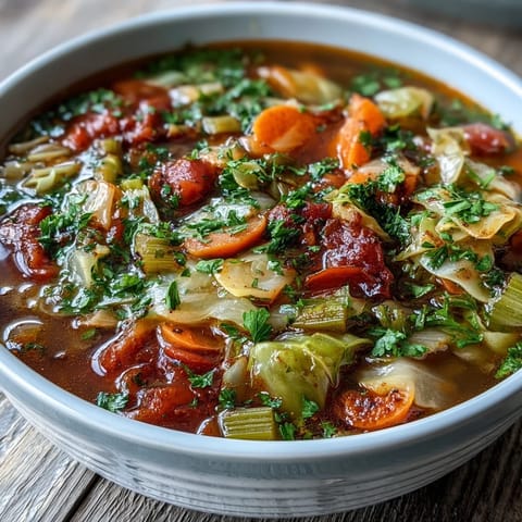 Steaming hot bowl of Cabbage Soup with diced tomatoes, carrots, and fresh parsley garnish.