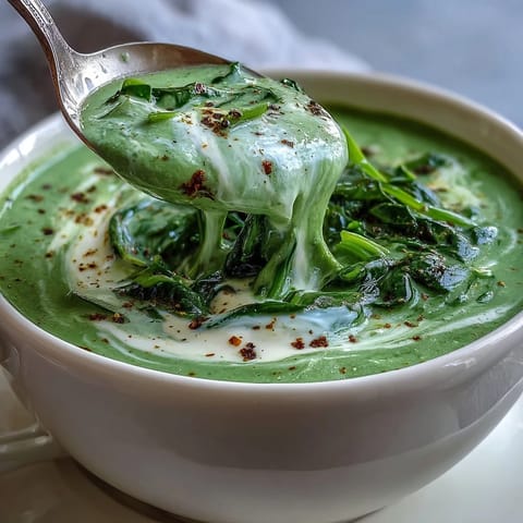 Creamy spinach soup served hot in a rustic bowl, with a slice of crusty bread on the side.  