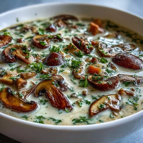 Creamy mushroom soup garnished with fresh parsley in a rustic bowl beside crusty bread.  