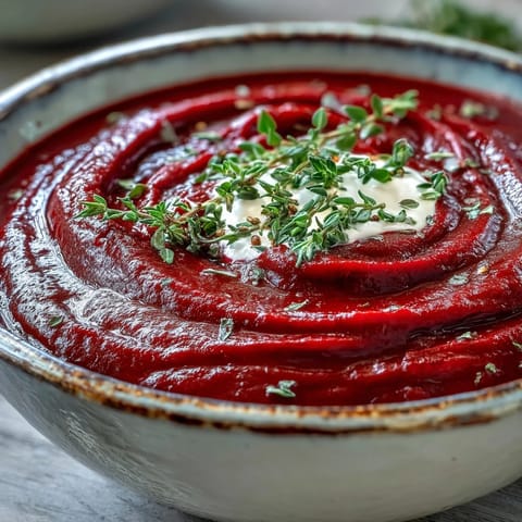 Roasted beet soup garnished with goat cheese next to crusty artisan bread.