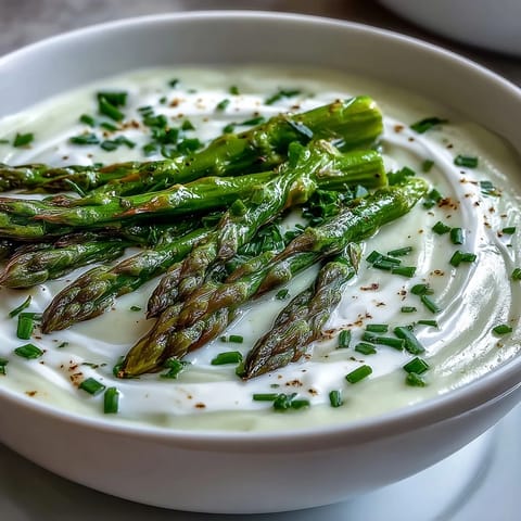 Creamy green asparagus soup garnished with tender tips and fresh chives, a warm vegetarian spring appetizer.