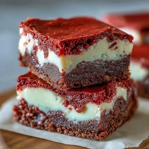 Freshly baked Red Velvet Cheesecake Brownies with vibrant red swirls and creamy cheesecake layers cooling on a wire rack.