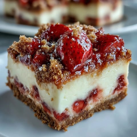 Homemade Strawberry Cheesecake Bars with cinnamon streusel on a marble slab.