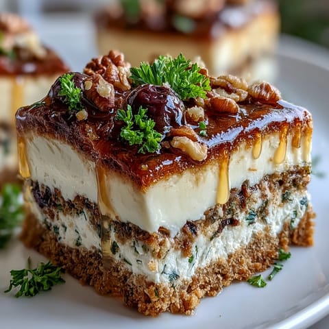 Close-up of a chilled Kalamata Cheesecake Appetizer wedge topped with sliced olives, fresh parsley, and an extra virgin olive oil drizzle.