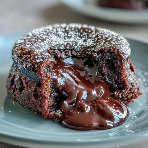 Freshly baked Chocolate Lava Cakes with Espresso in ramekins, showing a rich molten chocolate center spilling onto a plate.