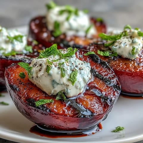 Grilled plums topped with creamy goat cheese and a drizzle of balsamic glaze on a serving platter.