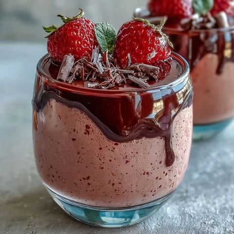 A layered glass showcases the Chocolate-Covered Strawberry Mousse with airy pink mousse and glossy dark chocolate ganache. 
