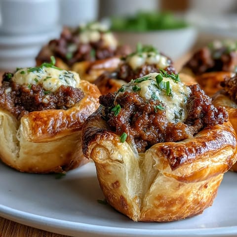 Golden-brown Mini Beef Tourtières with flaky cream cheese pastry are arranged on a rustic wooden board, ready to serve as a festive Canadian appetizer.