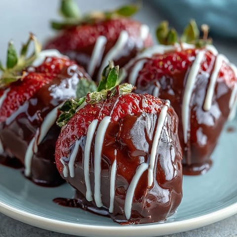 Fresh chocolate-covered strawberries with glossy dark chocolate coating, ideal for a romantic dessert or homemade gift.