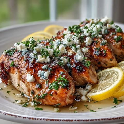 Sizzling Greek Chicken with Lemon and Feta cooking in a skillet, golden brown and aromatic.