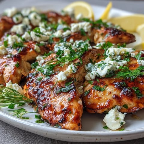 Juicy Greek Chicken with Lemon and Feta on a white plate with fresh parsley, ready to serve.