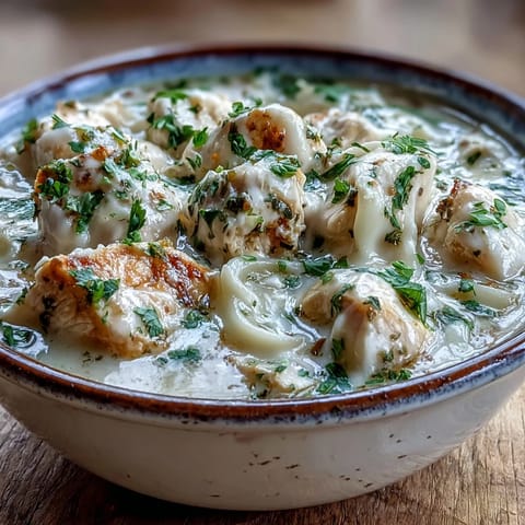 Creamy Garlic Parmesan Chicken Soup in a rustic bowl, garnished with parsley and extra cheese, served alongside crusty bread.