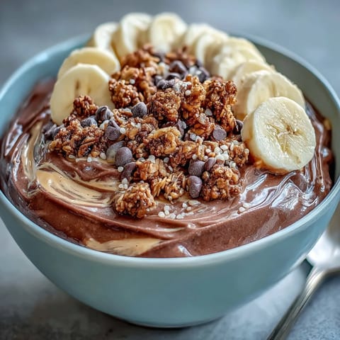 A close-up view of a Chunky Monkey Smoothie Bowl features creamy peanut butter texture with crunchy granola, chocolate chips, and fresh banana on top.