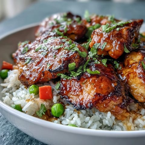 Golden-brown chicken glazed in honey BBQ sauce simmers with fluffy rice and vibrant mixed vegetables in a single skillet.