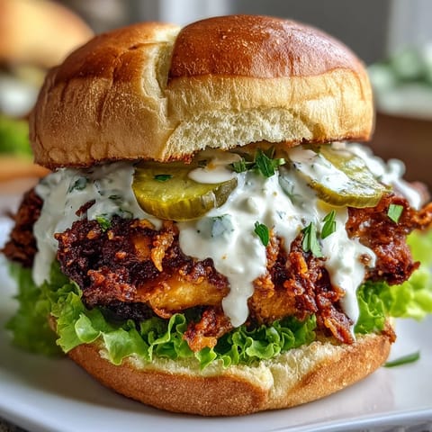 Crispy coated chicken sandwich dripping with creamy homemade spicy sauce, served with golden french fries.