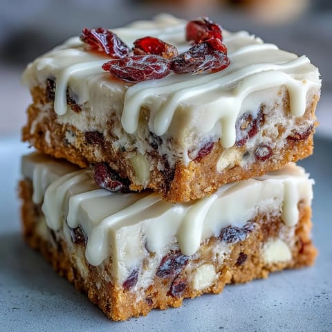 Freshly baked Cranberry Bliss Bars with chopped dried cranberries and white chocolate chips peeking from the golden crust.