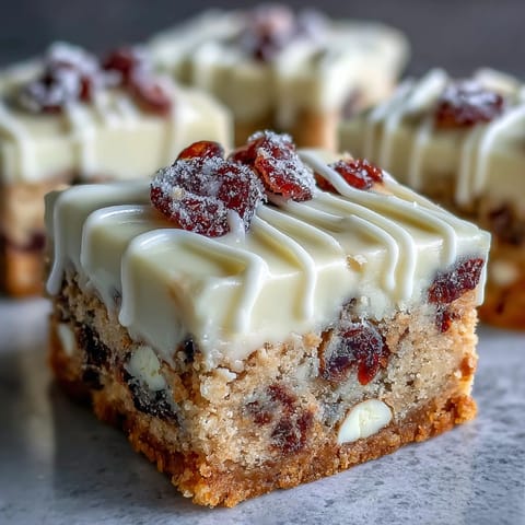 Cranberry Bliss Bars are topped with zesty orange cream cheese frosting, a white chocolate drizzle, and extra cranberries.