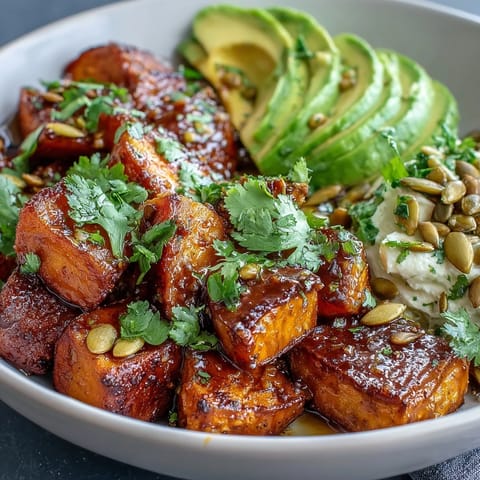 Roasted sweet potato cubes, creamy avocado, and cottage cheese in a vibrant Hot Honey Sweet Potato Bowl, drizzled with spicy-sweet sauce.