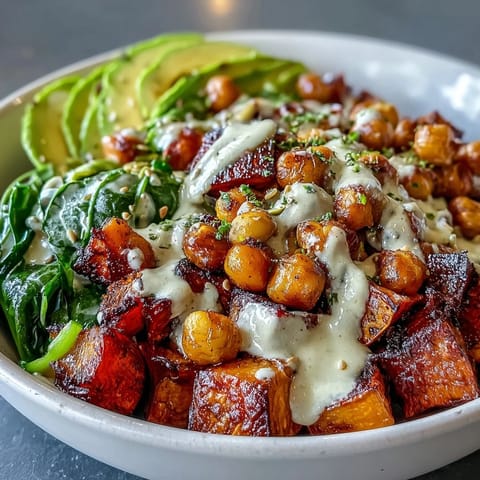 A vibrant bowl of Roasted Sweet Potato and Chickpea Bowl with garlicky spinach and creamy chipotle tahini drizzle.