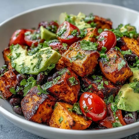 A vibrant Sweet Potato and Black Bean Bowl with roasted orange cubes, creamy avocado slices, and a drizzle of zesty lime dressing.