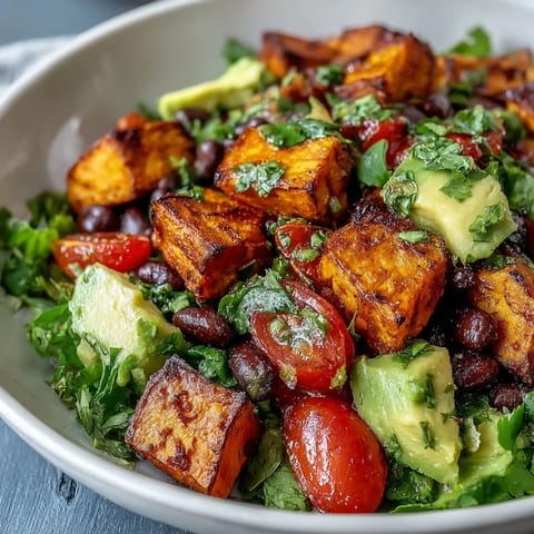 A hearty, fiber-rich bowl of roasted sweet potatoes, warm black beans, fresh salsa, and avocado, finished with cilantro and lime wedges.