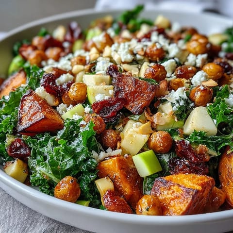 Golden roasted sweet potatoes and Brussels sprouts join kale and wild rice in this vibrant Fall Harvest Bowl, topped with crunchy chickpeas and creamy feta.