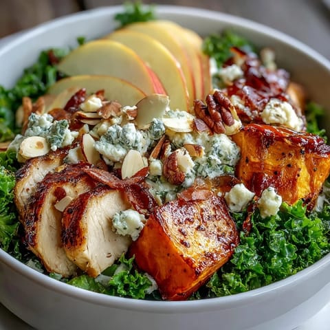A close-up view of the Fall Sweet Potato Harvest Bowl shows toasted almonds scattered over vibrant greens, sliced apples, and tender chicken, ready for a drizzle of balsamic vinaigrette.  