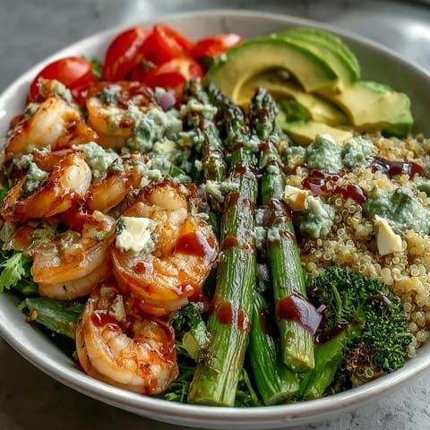 A vibrant Rainbow Vegetable Detox Bowl with pink shrimp, green broccoli, red cabbage, and creamy avocado over fluffy quinoa.
