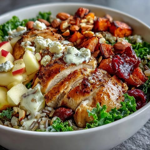 Nutritious harvest bowl featuring hearty kale, nutty wild rice, juicy chicken, and crunchy almonds, drizzled with tangy balsamic vinaigrette.  