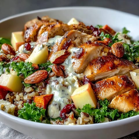 Vibrant harvest bowl with roasted sweet potatoes, tender chicken, wild rice, and crisp apples, topped with creamy goat cheese and balsamic dressing.  