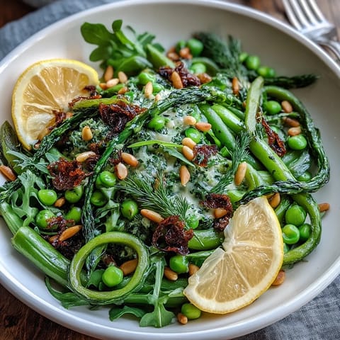 Fresh asparagus ribbons and sweet peas tossed in lemon dressing, topped with Parmesan and toasted pine nuts.  